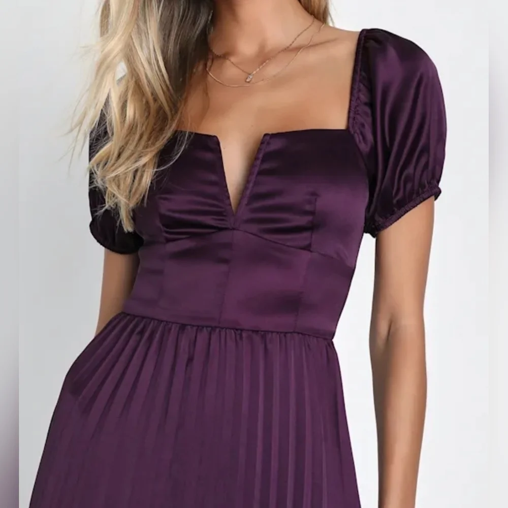 Lulus Flawless Forever Dark Purple Satin Pleated Midi Dress - Picture 3 of 13